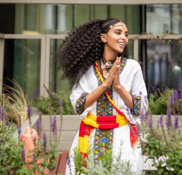 Cultural Habesha Kemis with Multi-Color Patterns – Ethiopian Ashenda Dress