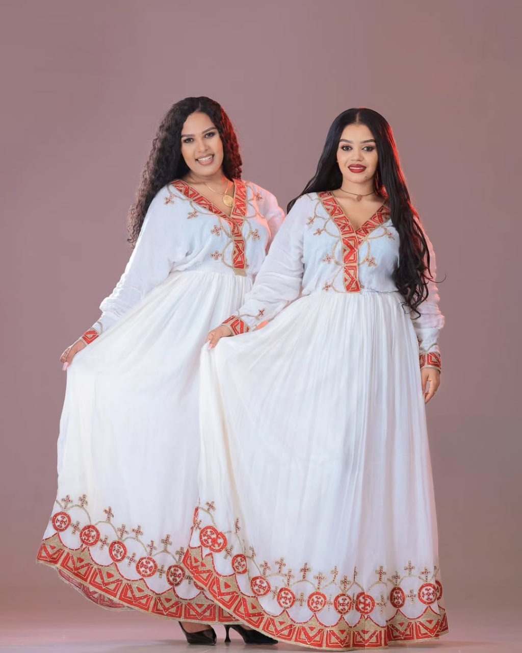 Radiant White Habesha Dress with Red & Gold Embroidery – Habesha Clothing