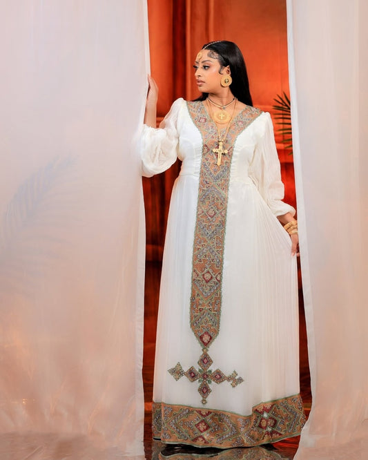 Ornate White Habesha Kemis Elegant Ethiopian Cultural  Dress for Special Occasions