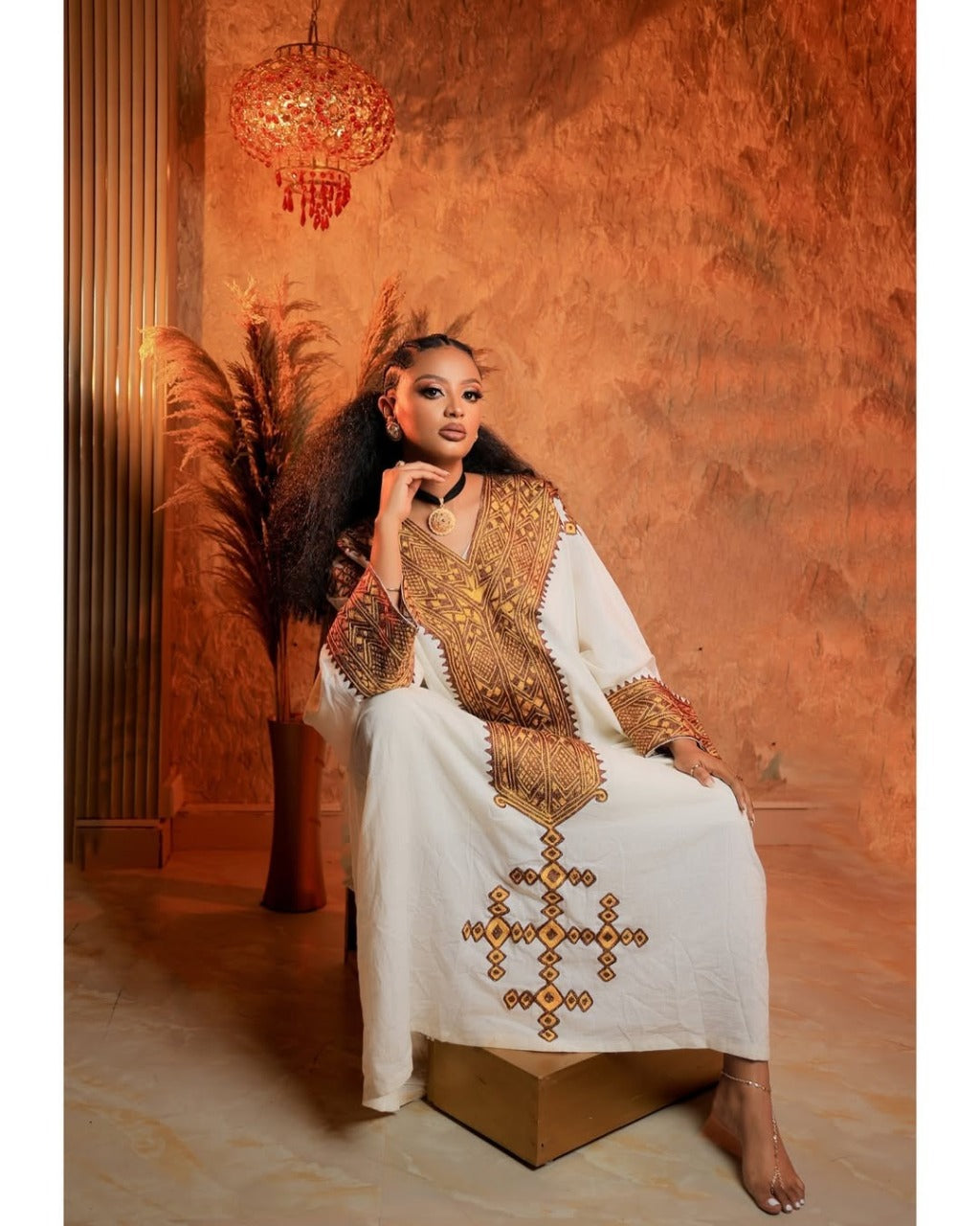 Graceful White Habesha Kemis - Traditional Ethiopian Dress with Gold Embroidery