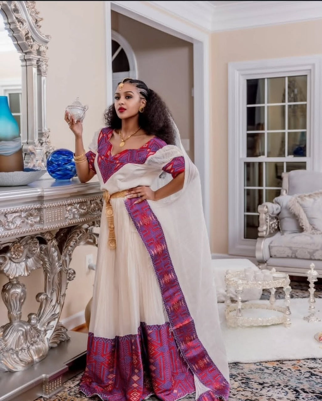 Authentic White Habesha Kemis - Traditional Ethiopian Clothing  with Red & Purple Trim