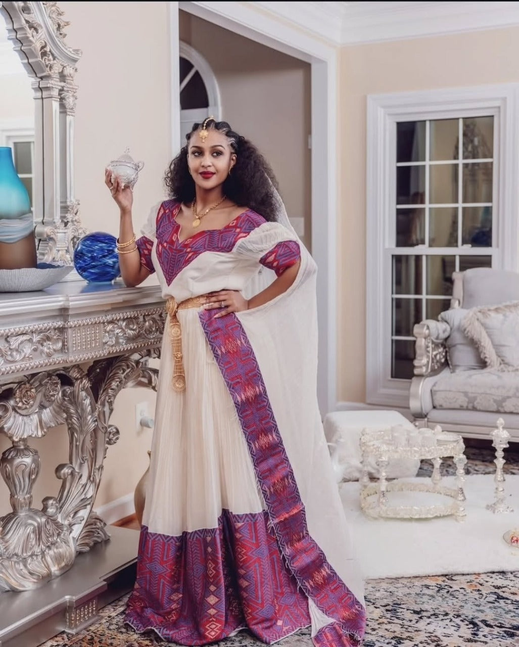 Red & Purple Habesha Kemis - Traditional Ethiopian Clothing