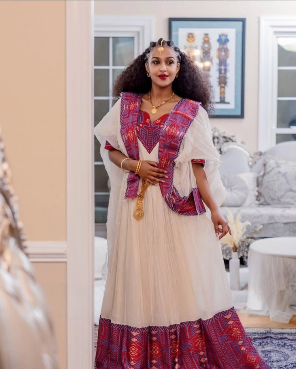 Red & Purple Habesha Kemis - Traditional Ethiopian Clothing