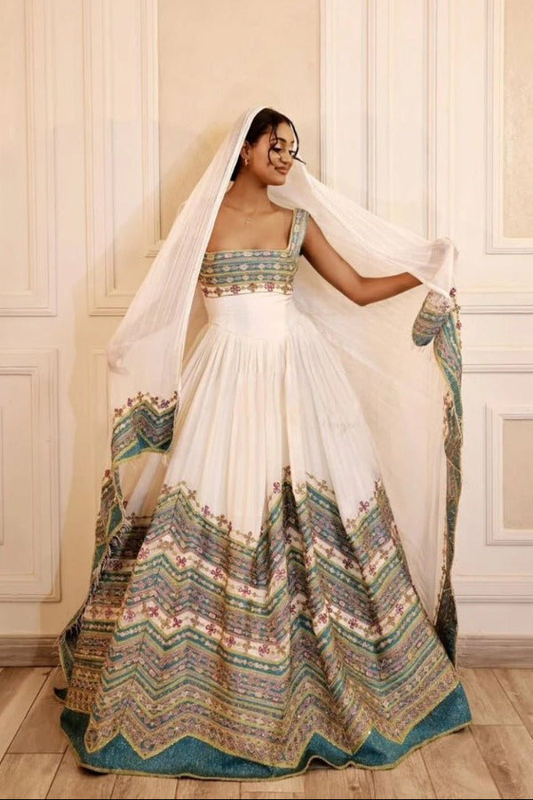 Exquisite Ethiopian Wedding Dress with Colorful Embroidery – Habesha Kemis – Cultural Dress – Eritrean Wedding Dress
