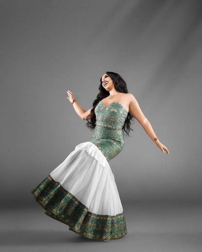 Elegant Strapless Modern Habesha Dress with Green and Gold Design for special occasion