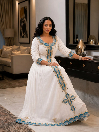 Robe habesha col en V rouge bordeaux cramoisi et motif géométrique triangulaire doré, robe traditionnelle éthiopienne 985