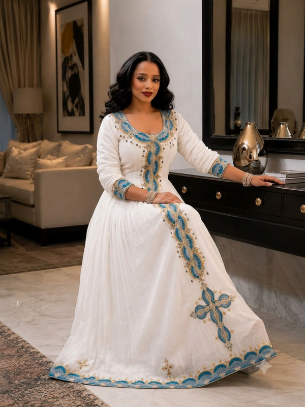Majestic Habesha Kemis Royal Blue and Gold Braided Embroidery Habesha Dress Ethiopian Clothing Cross Motif 994