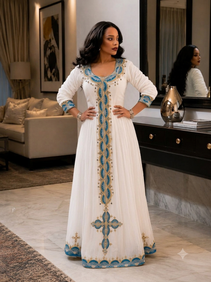 Robe habesha col en V rouge bordeaux cramoisi et motif géométrique triangulaire doré, robe traditionnelle éthiopienne 985
