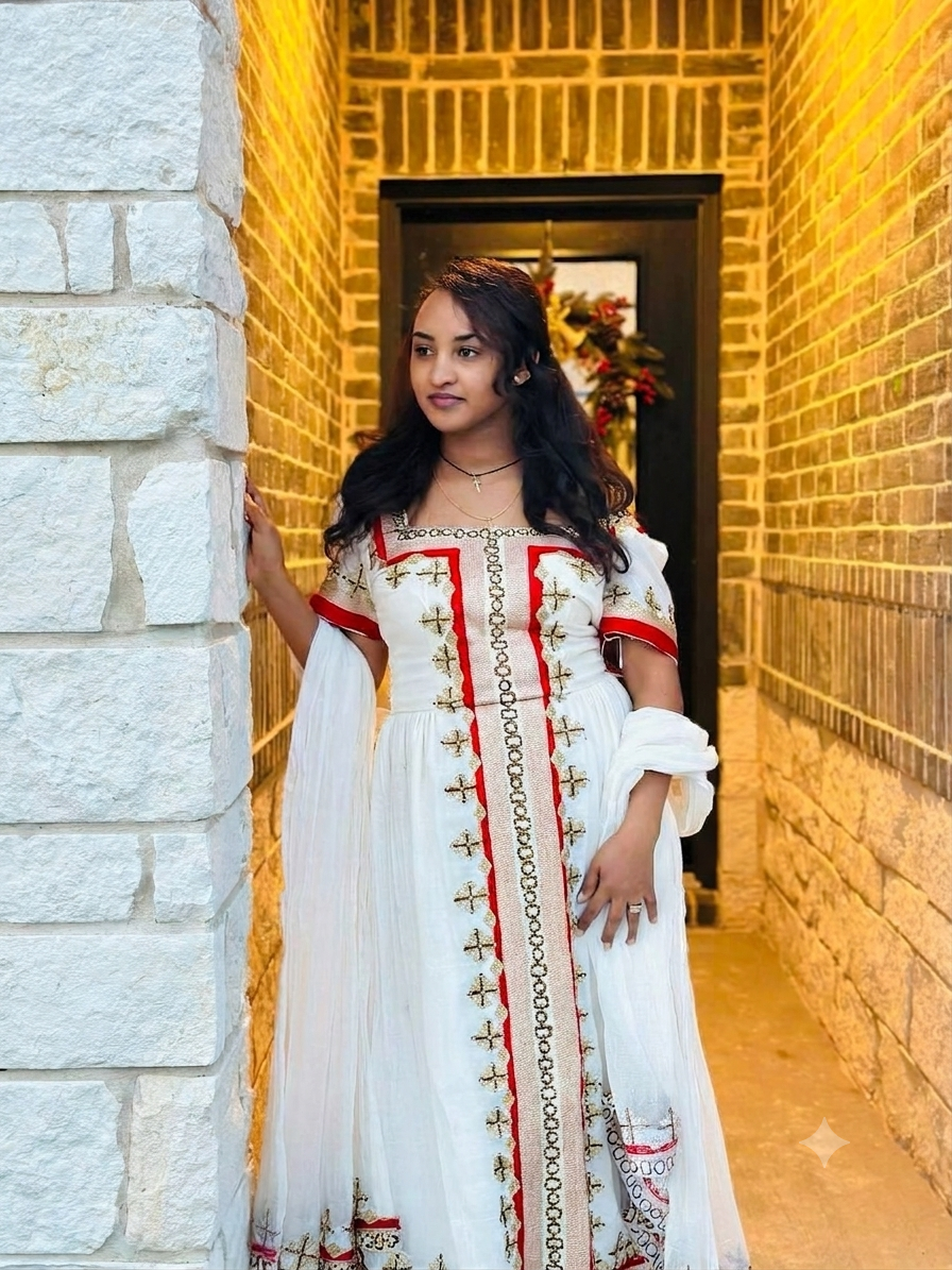 Broderie or et rouge Habesha Kemis Robe Habesha classique Style éthiopien vibrant 487