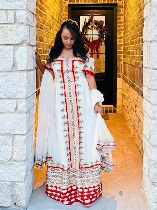 Habesha Kemis with Gold and Red Embroidery
