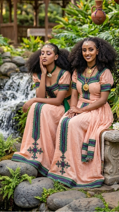 Enchanting Soft Peach Habesha Dress Emerald Green and Purple Geometric Ethiopian Clothing 953