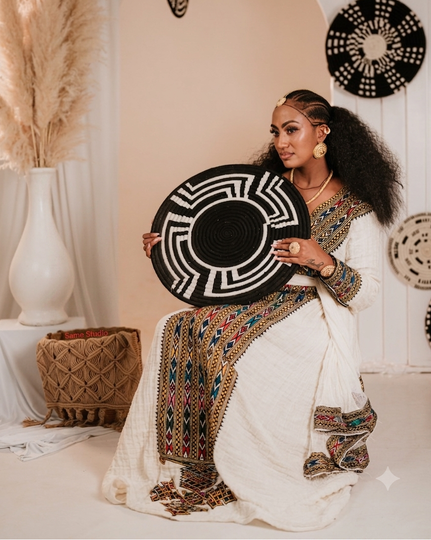 Textured Cream Habesha Kemis Ornate Multi-Colored V-Neck Habesha Dress 971