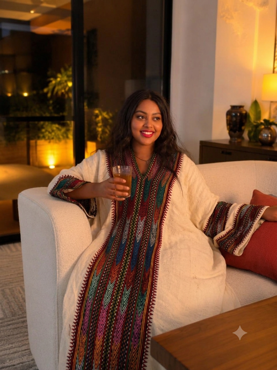Luxurious Habesha Kemis Bold Multicolored Chevron Tilf Bodice Habesha Dress Handcrafted Ethiopian Clothing 993