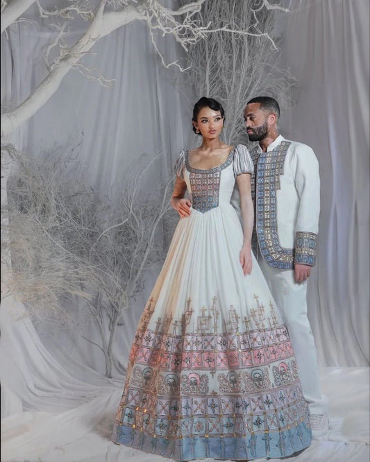 Glamorous Habesha Kemis with Pink Accents for Bride and Groom – Habesha Wedding Dress – Cultural Dress – Zuriya
