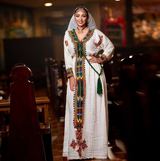 Traditional Ethiopian Habesha Kemis – Multicolor Tibeb Cultural Dress
