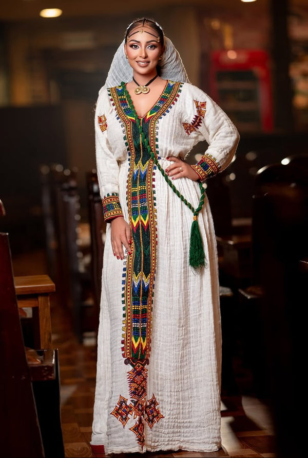 Traditional Ethiopian Habesha Kemis – Multicolor Tibeb Cultural Dress