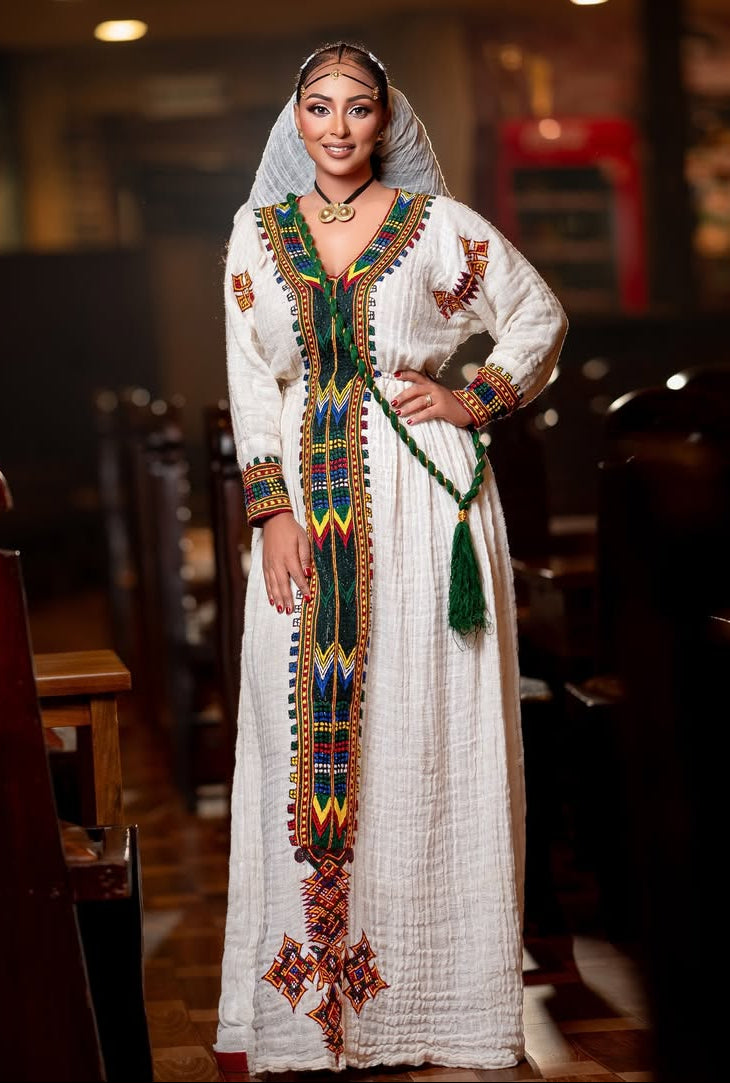 Traditional Ethiopian Habesha Kemis – Multicolor Tibeb Cultural Dress
