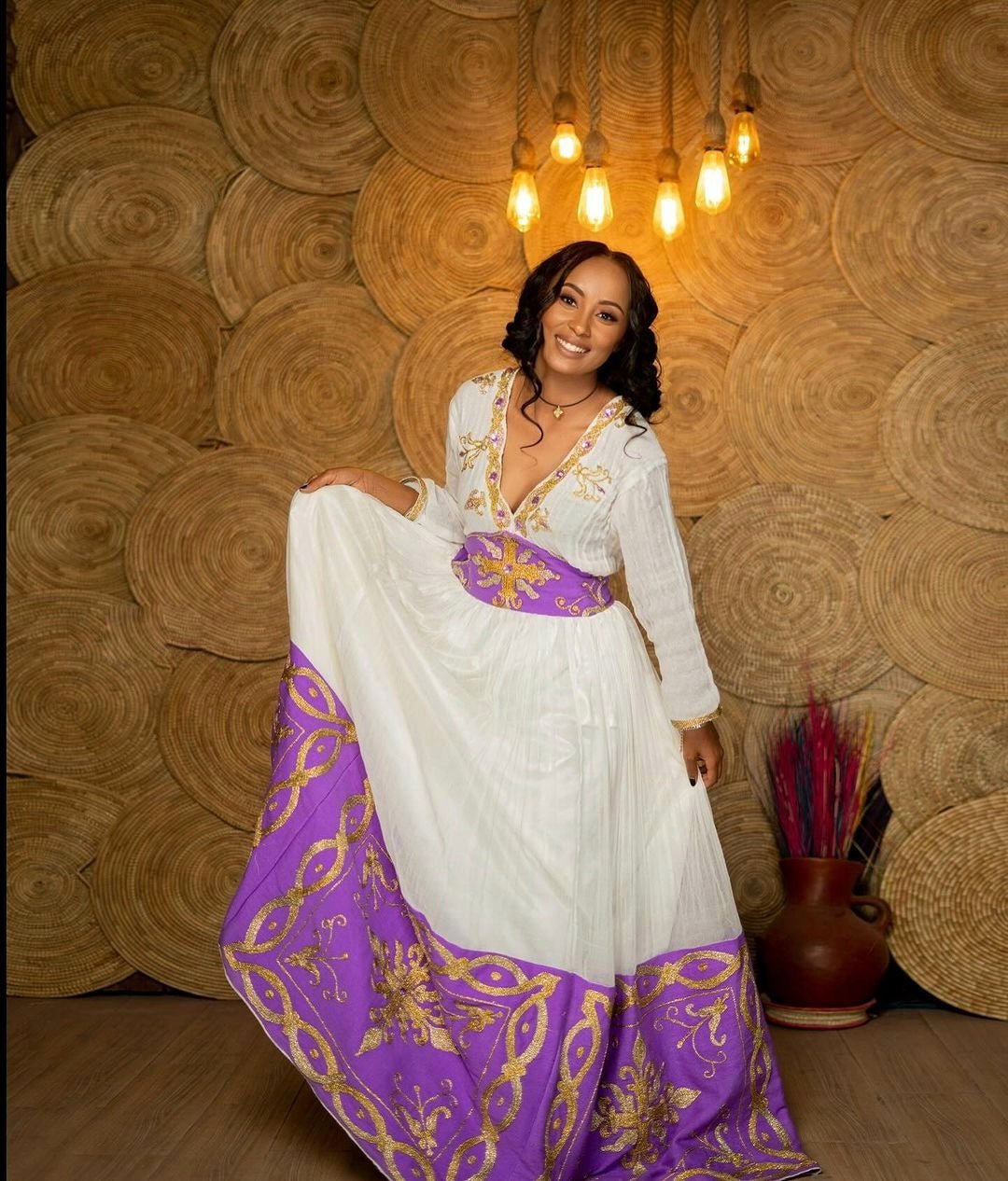 Regal radiance Ethiopian dress purple beaded habesha kemis