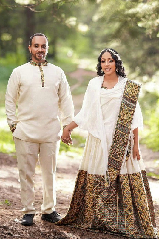 Artistry Unveiled: Handwoven Elegance in Habesha Couples' Outfit