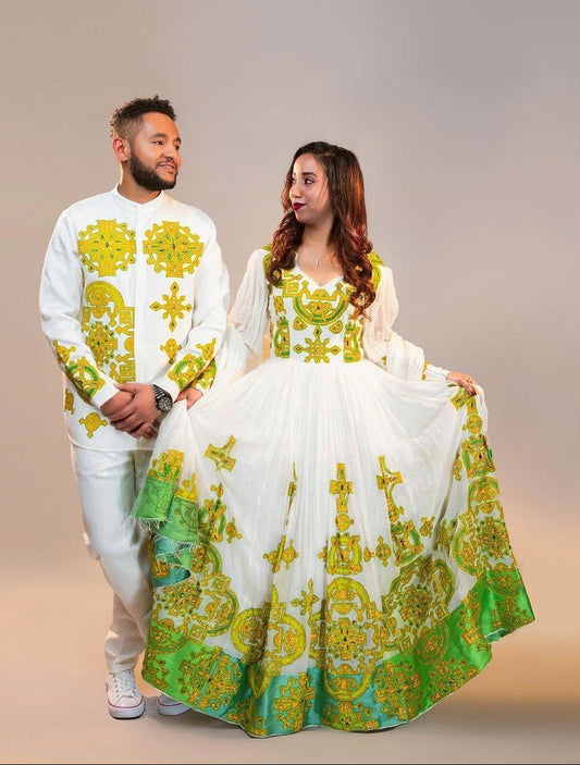 Harmony in Hues: Vibrant Yellow and Green Ethiopian Couples Ensemble Habesha couple's outfit