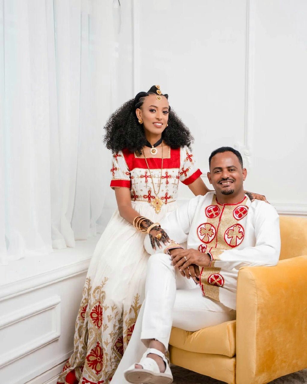 Radiant Red Habesha Couples Outfit Vibrant Habesha Couples' Attire / Includes man's pants and shoes
