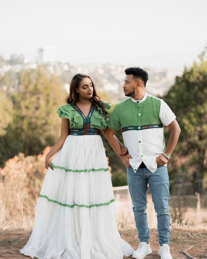 Ethiopian Elegance: Green Design in Habesha Couples Outfit