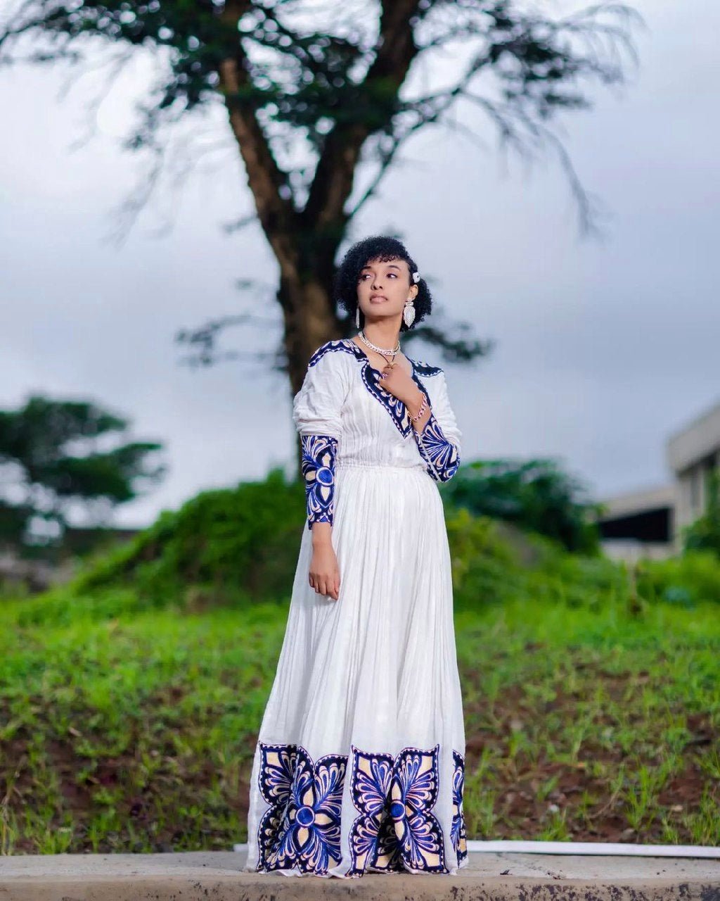 Chic Habesha Dress with Dark Blue Blossoms Habesha Kemis Simple Ethiopian Dress