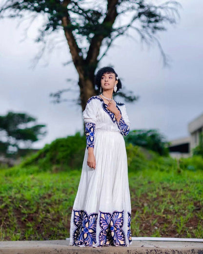 Chic Habesha Dress with Dark Blue Blossoms Habesha Kemis Simple Ethiopian Dress