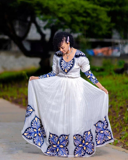 Chic Habesha Dress with Dark Blue Blossoms Habesha Kemis Simple Ethiopian Dress