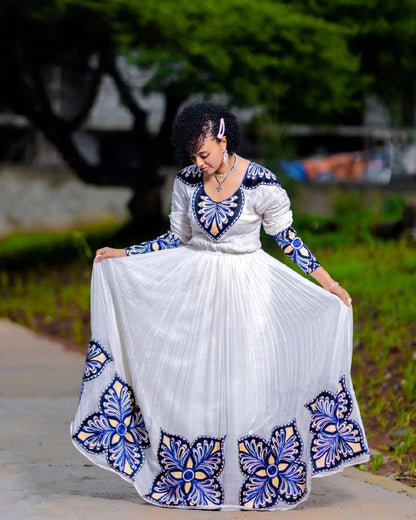 Chic Habesha Dress with Dark Blue Blossoms Habesha Kemis Simple Ethiopian Dress