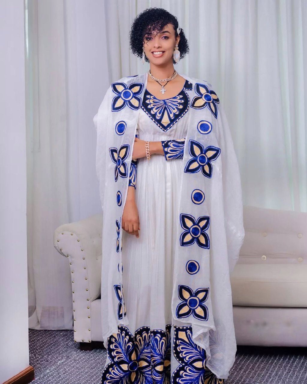 Chic Habesha Dress with Dark Blue Blossoms Habesha Kemis Simple Ethiopian Dress