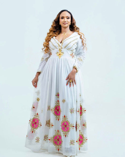 Beautiful & Simple Habesha Dress – Traditional Ethiopian Kemis with pink Tibeb Embroidery