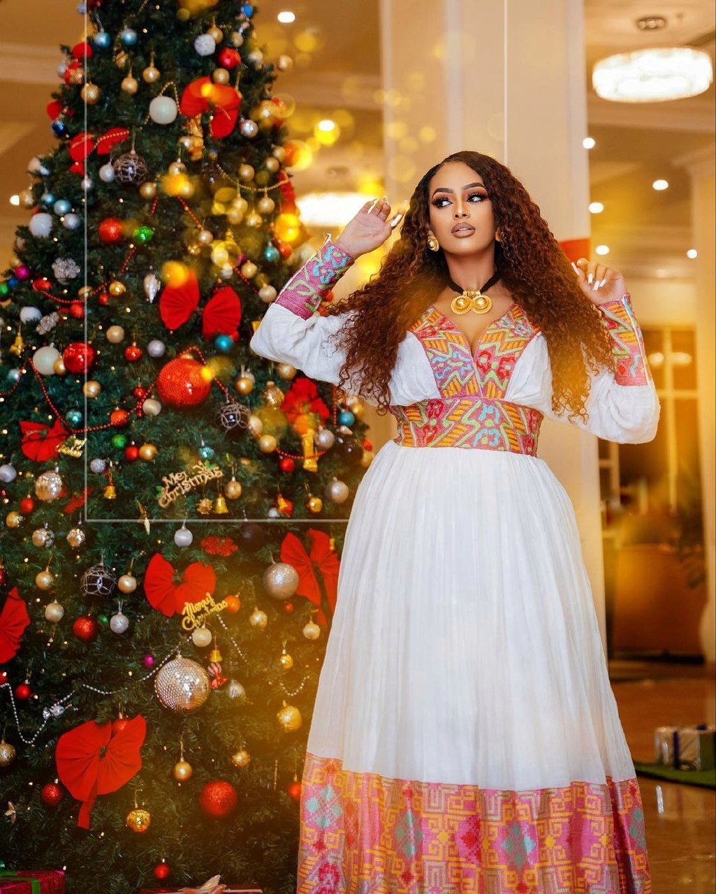 Pink and Multicolored Detailing Habesha Dress Modern Habesha Kemis Ethiopian Dress Style