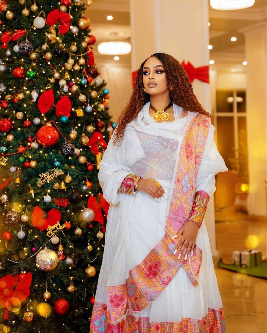 Pink and Multicolored Detailing Habesha Dress Modern Habesha Kemis Ethiopian Dress Style