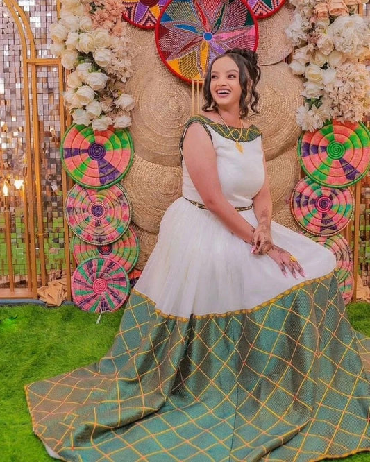 Green Wide Tilet Habesha Dress Modern Habesha Kemis Ethiopian Dress Style Traditional Habesha Libs