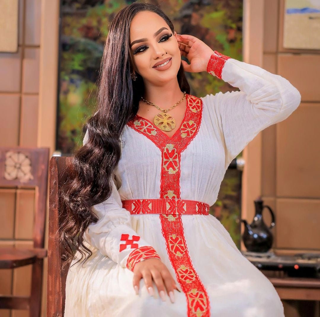 Simple Red Tilet Design Habesha Dress Modern Habesha Kemis Ethiopian Dress Style Traditional Habesha Libs