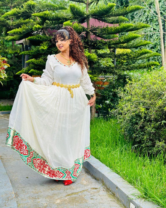 Impeccable Red and Green Traditional Ethiopian Dress