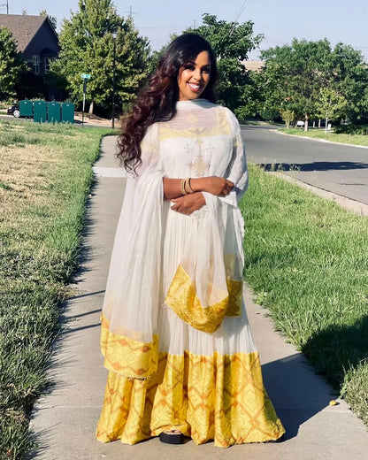 Contemporary Yellow Short Sleeved Habesha Dress: for Religious And Cultural Celebrations Traditional Ethiopian Dress Beautiful Habesha Kemis