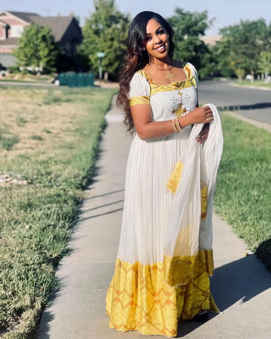 Contemporary Yellow Short Sleeved Habesha Dress
