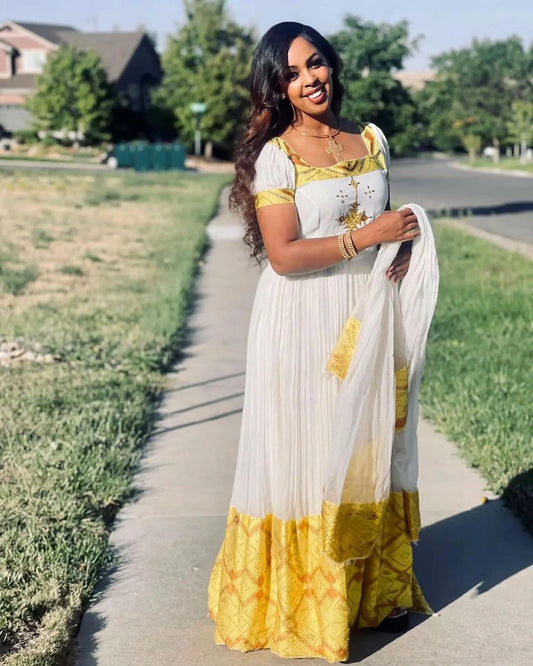 Contemporary Yellow Short Sleeved Habesha Dress