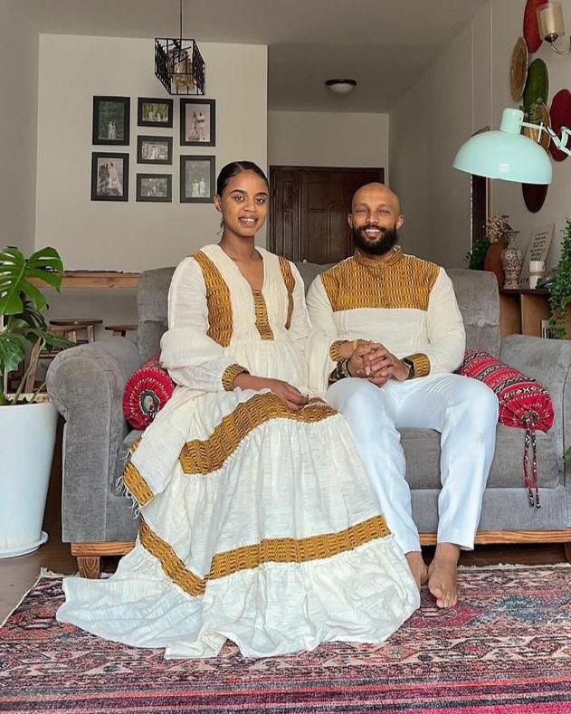 Appealing Yellow Matching Habesha Couples Outfit