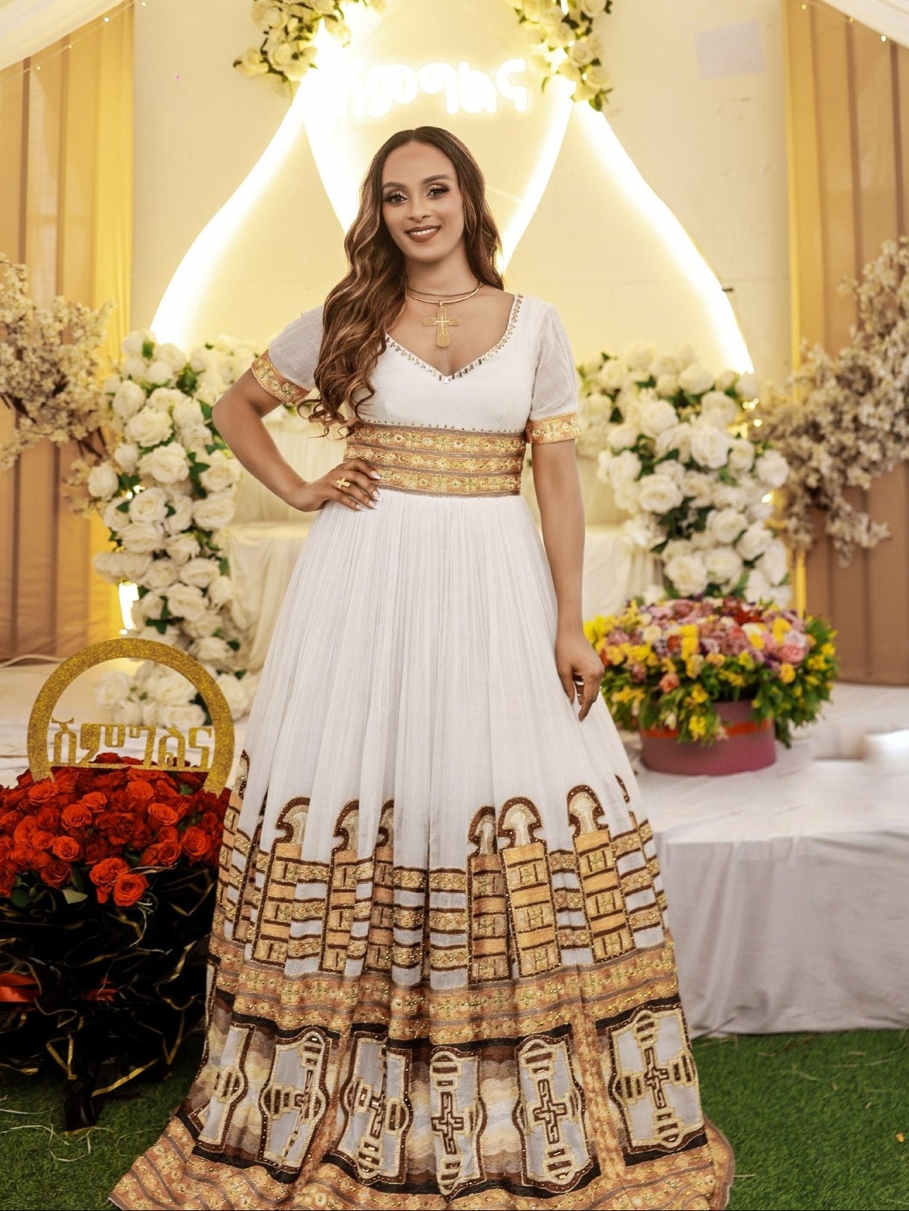 Golden Embroidery Ethiopian Wedding Dress Short Sleeve Habesha Dress