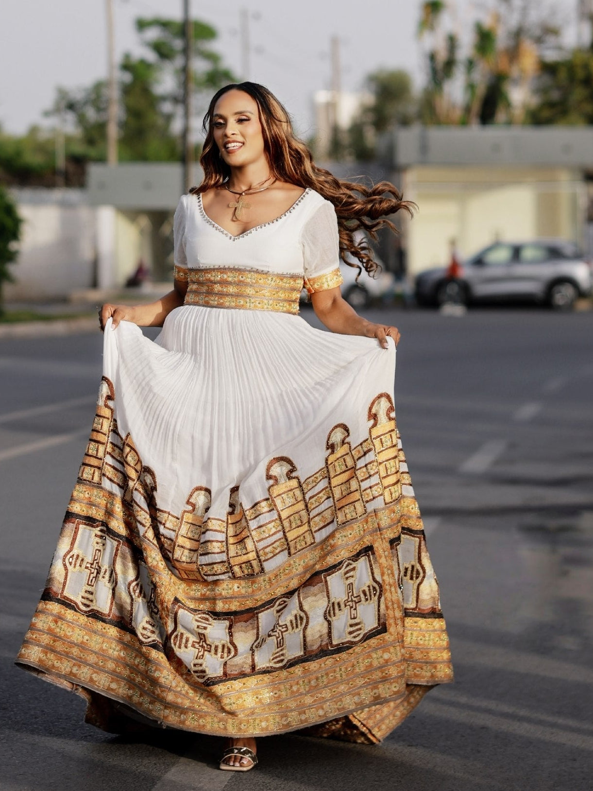 Radiant Golden Embroidery Ethiopian Wedding Dress Short Sleeve Habesha Dress Regal Ethiopian Dress 858