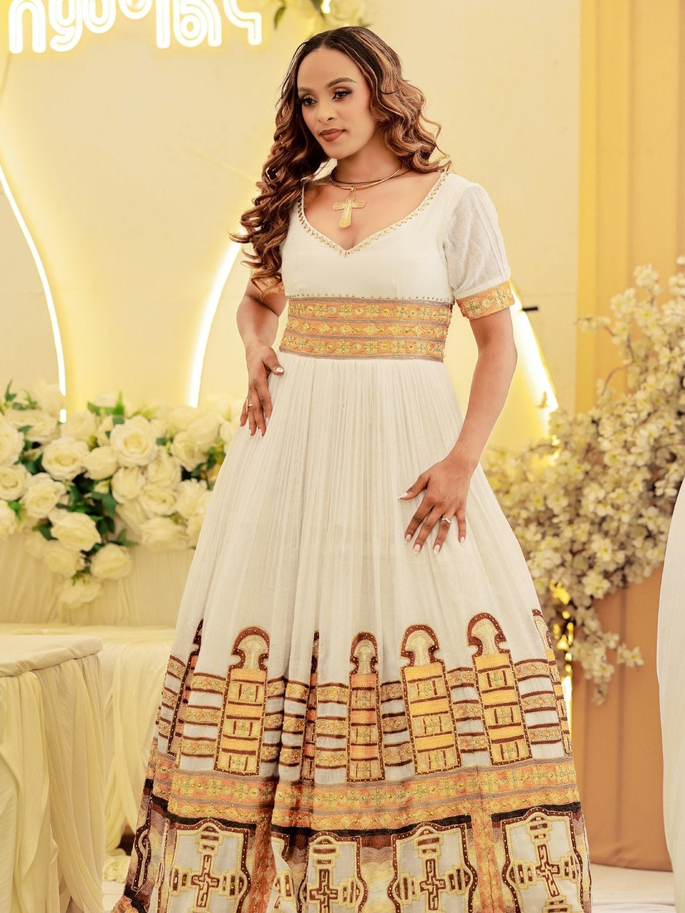 Radiant Golden Embroidery Ethiopian Wedding Dress Short Sleeve Habesha Dress Regal Ethiopian Dress 858