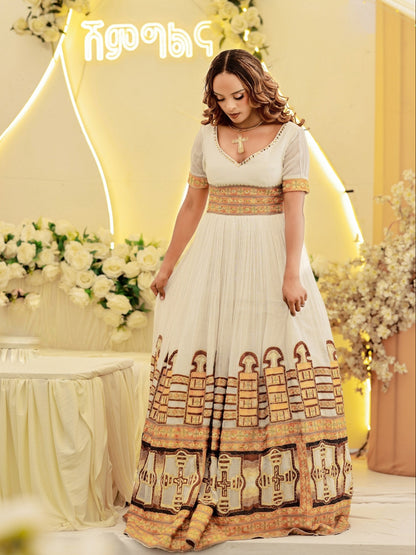 Radiant Golden Embroidery Ethiopian Wedding Dress Short Sleeve Habesha Dress Regal Ethiopian Dress 858