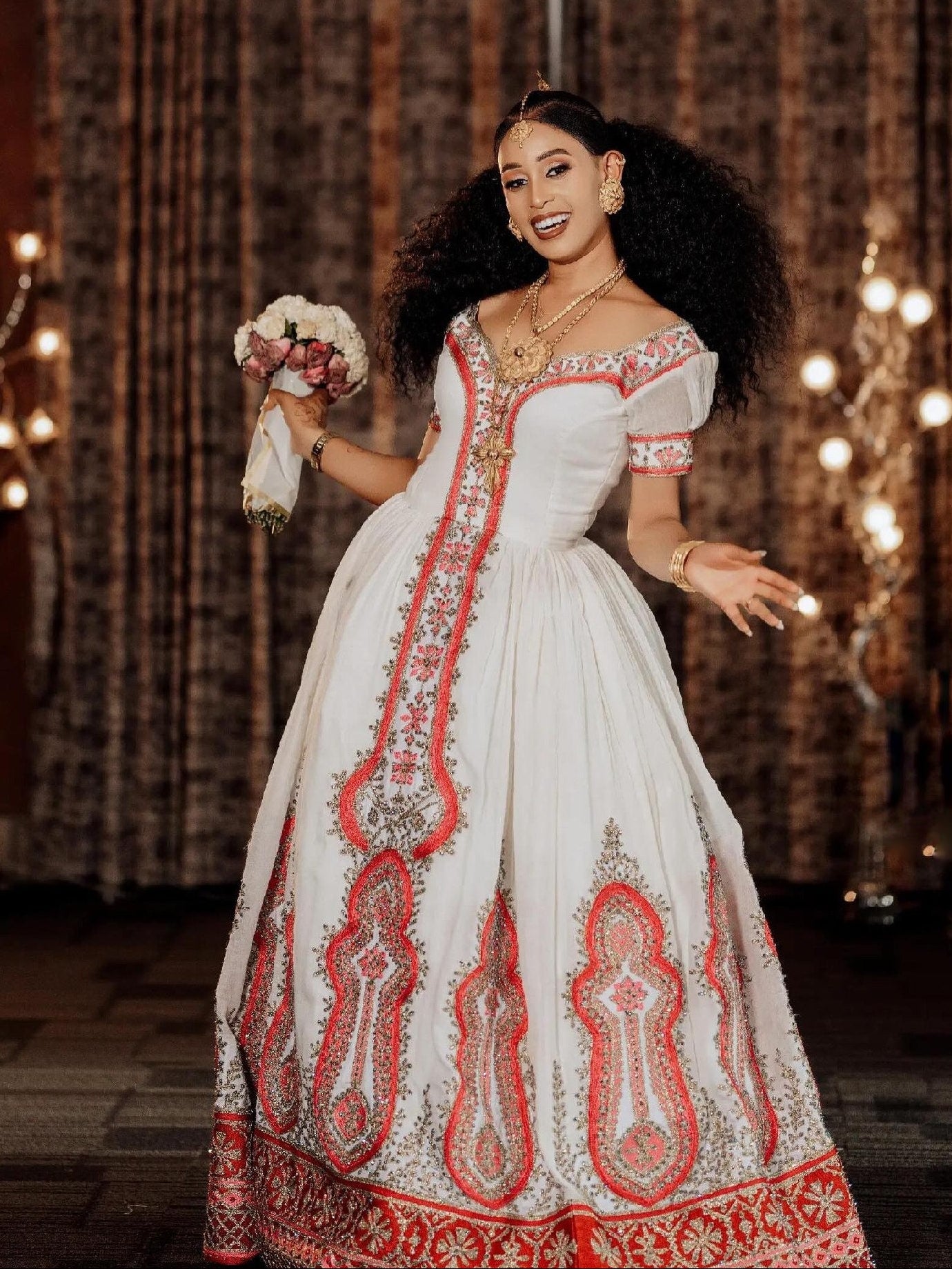 Red Embroidered Ethiopian Wedding Dress Traditional Habesha Bridal Dress