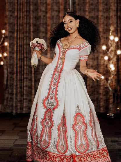 Red Embroidered Ethiopian Wedding Dress Traditional Habesha Bridal Dress