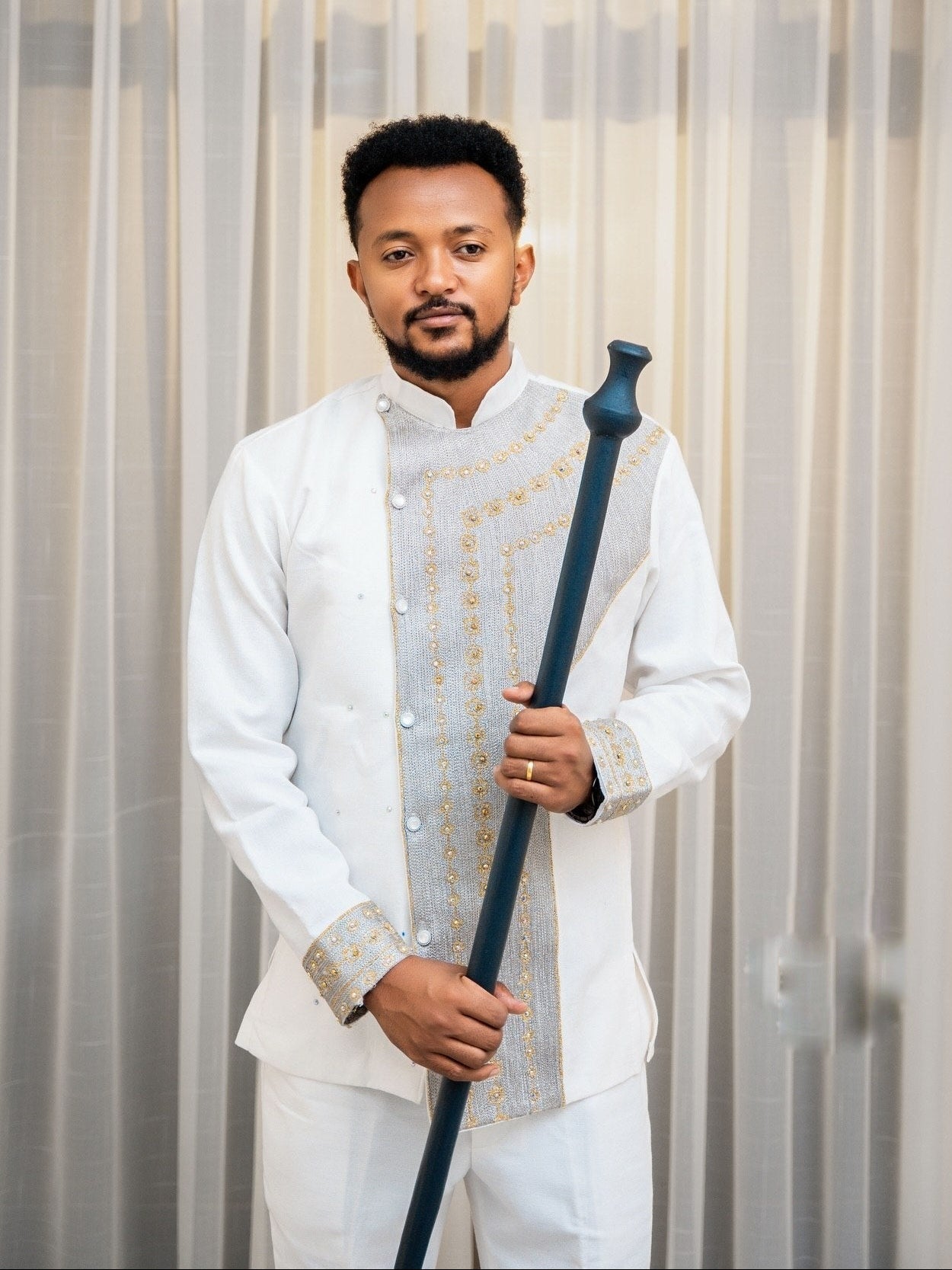 Luxurious Gold and Silver Traditional Men's Outfit Refined Ethiopian Cultural Wear Long Sleeve Shirt 868