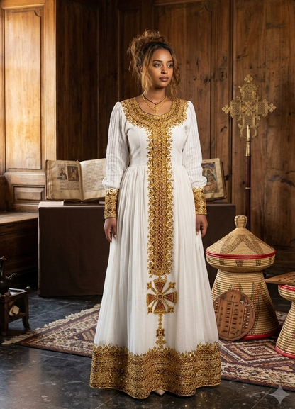 Royal Golden Cross Habesha Kemis | Traditional Ethiopian Dress