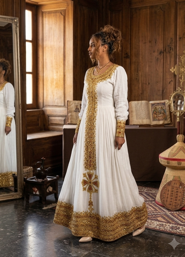 Imperial Golden Cross Habesha Kemis for Women Handcrafted Ethiopian Inspired Traditional Dress 955
